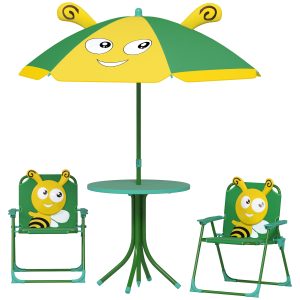 Kids Picnic Table And Chair Set, Outdoor Activity Table With Foldable Chairs, Height Adjustable Umbrella, Green