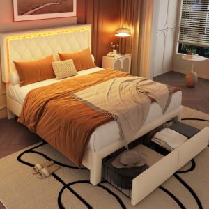 Upholstered Bed, Adults Teenagers 4ft6 Double Bed 135x190cm, Comfortable Headboard, 2 Drawers, Iron Bed Legs, With 16 Colors LED-light Strips, PU  Iron, Beige