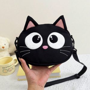 New Cute Cartoon Shoulder Bag Big Eyed Black Cat Messenger Bag For Women  And Versatile Student Storage Coin Purse Bag