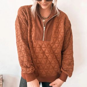 Straw Yellow Geometric Quilted Half Zipped Loose Sweatshirt