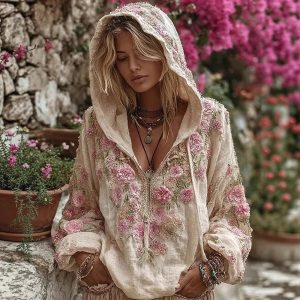 Women's Artistic Printed Hooded Zipper Top