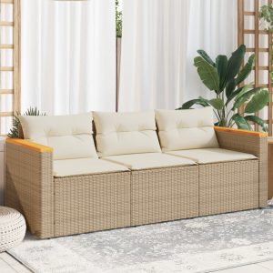 Garden Sofa with Cushions 3-Seater Beige Poly Rattan