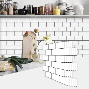 White Black Seam Peel And Stick Splashback Kitchen Glossy PVC Splashback Bathroom Wall Sticker, Removable