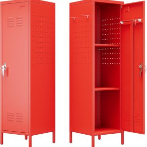 Metal Storage Locker With Pegboard And Hooks,Metal Locker For Employees With Handle And Hanging Rod For Gym, School, Office,Home,Garage,Assembly Required,Red