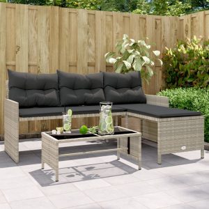 L-shaped garden sofa with table and cushions, light grey, poly rattan