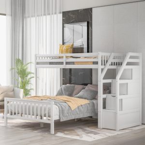 Twin Over Full Loft Bed With Staircase,White
