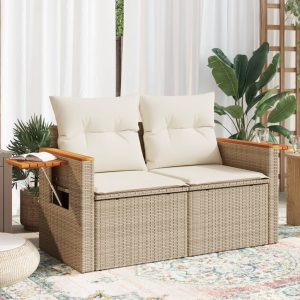 Garden Sofa with Cushions 2-Seater Beige Poly Rattan
