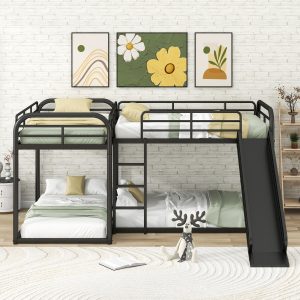 Full And Twin Size L-Shaped Bunk Bed With Slide And Short Ladder, Black