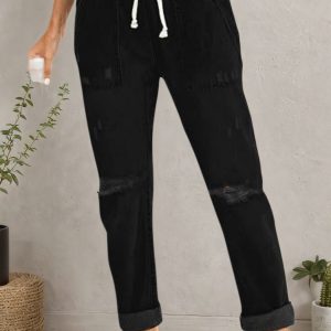 2025 New Women's Casual Set Wearing Distressed Stretch Jeans, Elastic Waisted Jeans, Denim Jogging Pants