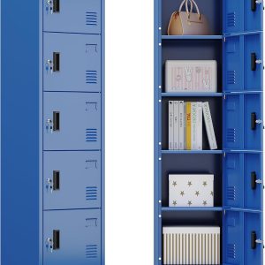METAN Metal Storage Employees Locker With 5 Lockable Doors,Locking Storage Cabinets For Small Spaces,Home,School,Gym,Assembly Required,Blue