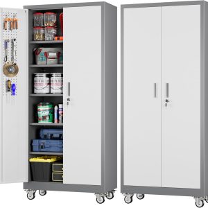 Metal Garage Cabinet With Wheels And Pegboard, Lockable Rolling Steel Cabinet With 5 Adjustable Shelves And Door For Garage, Office, Kitchen, Assembly Required