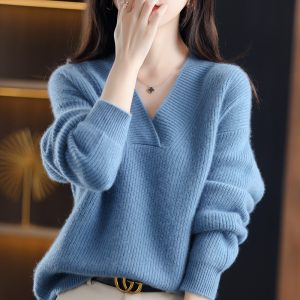 Women's Loose Solid Color And V-neck Pullover Thick Sweater