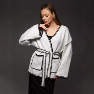 Lace-up Knitted Cardigan Loose Mid-length Sweater Coat