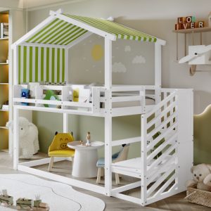 Bunk Bed, Teen Bed, Children's Bed, 3ft 90x190cm, MDF  Pinewood  Plywood, Decorative Canopy, Corner Staircase, With A Small Picture Bookshelf, White  Green