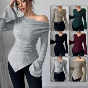 Ribbing Bottoming Sweater Off-the-shoulder Slim Knit Long-sleeved Top
