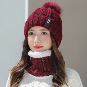 Winter Beanie Hat Scarf Set Women Warm Knitting Skull Cap