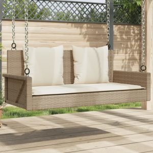Hanging Bench with Cushion Beige 119x56x48 cm Poly Rattan