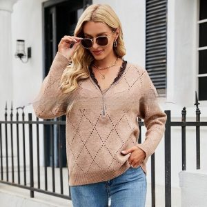 Women's Hollow Zipper Half Cardigan V-neck Lace Pullover Outerwear Sweater