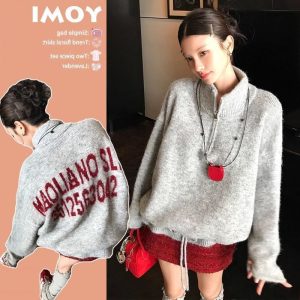 Women's Retro Lazy Style Contrast Color Letter Drawstring Pullover Sweater