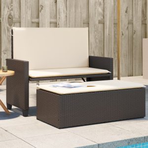 Garden Bench with Cushion and Stool Brown Poly Rattan