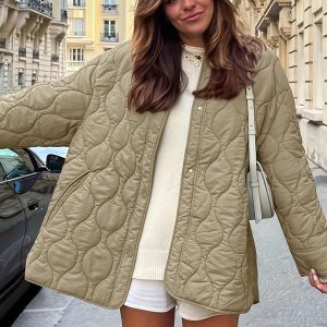 Simple Solid Color Round Neck Loose Cotton Coat With Quilted Lines