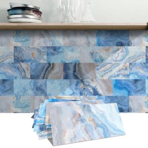 Sea Blue Marble Wall Stickers Waterproof Oil Resistant Self-adhesive Wall Panels PVC Leather Stickers Wallpaper Modern Style For Kitchen, Bathroom, Laundry Room, Wall Decoration