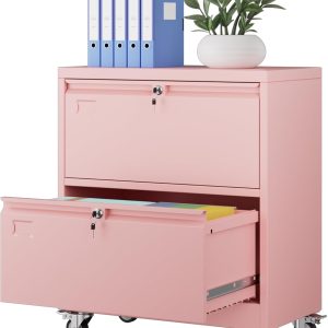 Aobabo Metal 2 Drawer Lateral File Mobile Cabinet With 2 Lock, File Cabinet With Wheels And Adjustable File Bars For Office, Home, For Letter Legal Size, Pink, Assembly Required