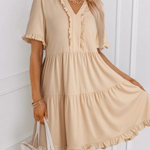 Womens Dresses Summer Spring V Neck Short Sleeve Casual A Line Flowy Swing Dress Mini Dress