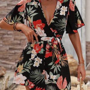 Lotus Leaf Sleeve Cross Collar Belt Short Skirt Loose Printed Jumpsuit
