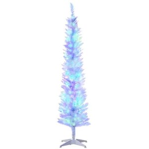 6' Prelit Christmas Trees, Pencil Artificial Christmas Tree With Colourful Surface Tips, Colourful LED Lights, White