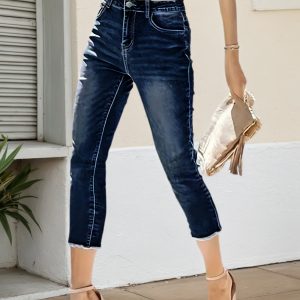 Women's Stretch Slim Fit Seven Quarter Denim Pants - High Stretch Frayed Edge Pocket Mid Waist Denim Seven Quarter Pants, Shallow Water Washed Blue Casual Elegant Versatile, Comfortable Fit, Durable C