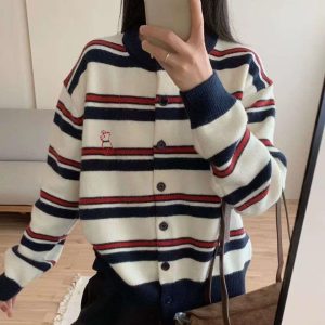Women's Loose Round Neck Striped Contrast Color Puppy Embroidered Coat