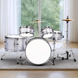 5-Pieces Junior Kids Drum Set Kit Pedal Drum Stick Wrench Drum Stool Silver