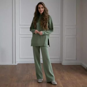 Women's Turtleneck Soft Fashion Casual Slit Sweater Suit