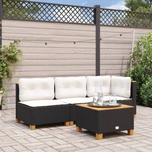 Garden Sofa without Armrests with Cushions Black Poly Rattan