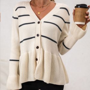 V-neck Stripes Lazy And Loose Knitted Long Sleeve Sweater