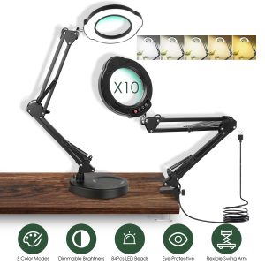 1Pc 10X Magnifying Glass With Light And Stand Real Glass Lens Magnifying Desk Lamp With Clamp 5 Color Modes Dimmable Brightness For Craft Reading Painting Sewing Close Work