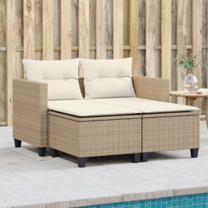 2-Seater Garden Sofa with Stools Beige Poly Rattan