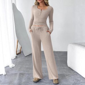 Two-piece Set Women's Long-sleeve Blouse Wide Leg Pants Fashion Casual Set