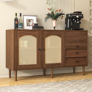 Country-Style Sideboard With Rattan Doors  130 X 75.5 X 40 Cm  Magnetic Closure, Adjustable Shelves, Sturdy Structure  Elegant And Versatile Design