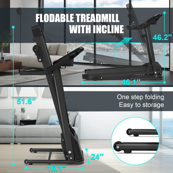 Compact Folding Treadmill for Home - 2.5HP Quiet Brushless Motor, 3-Level Incline, 7.5 MPH, Shock Absorption, Space-Saving Design for Running, Walking - Treadmill for Small Spaces & Home Use-14