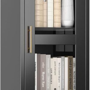 Metal Arched Bookcase Cabinet, Arch Display Storage Cabinet With Glass Doors & Shelves And 1Drawer For Living Room, Kitchens,Office, Black, Assembly Required