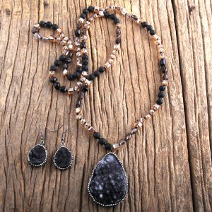 Natural Stone Glass Necklace Vug Water Drop Pendant Necklace And Earrings Set