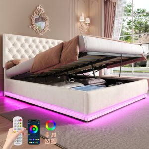 Double Ottoman Bed With LED Lighting, Velvet Upholstered Bed With Hydraulic Storage, 4ft6 Double Bed Frame With Handmade Button Tufted Adjustable Headboard, No Box Spring Needed, Beige No Mattress