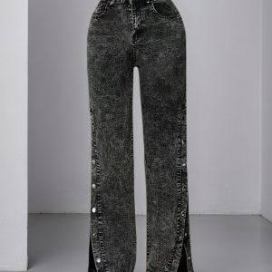 High Waisted Slightly Flared Jeans With Side Buckles, Classic Graphite Color, Comfortable Fit, Essential For Going Out.
