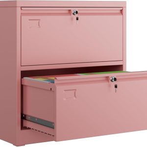 Metal 2 Drawer Lateral File Cabinet With 2 Lock - Wide Filing Cabinet For Letter Legal F4 A4 Hanging Files - Includes Business Card Holder,Home Office School Storage,Pink