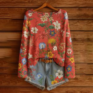 Women's Fall Wildflower Print Long Sleeve T-Shirt, Boho Cottagecore Floral Pullover Top, Casual Autumn Graphic Blouse