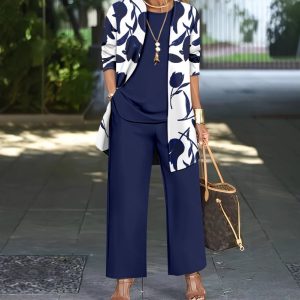 Printed Design Five-quarter Sleeve Wide-leg Pants Three-piece Set