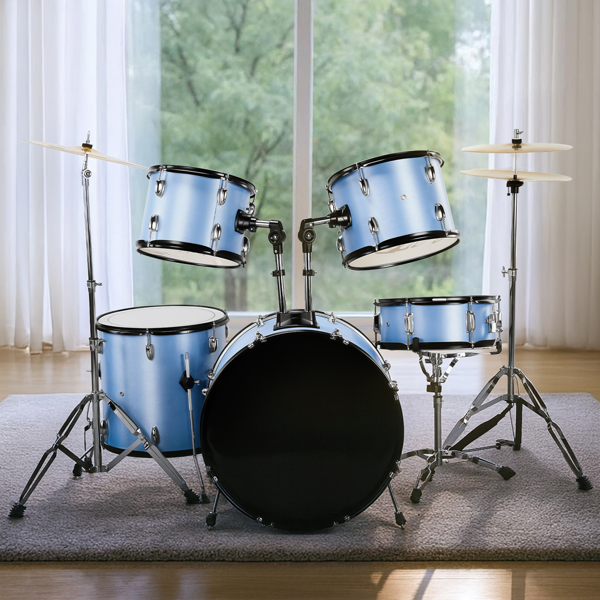 Full Size Adult Drum Set 5-Piece Blue with Bass Drum, two Tom Drum, Snare Drum, Floor Tom, 16