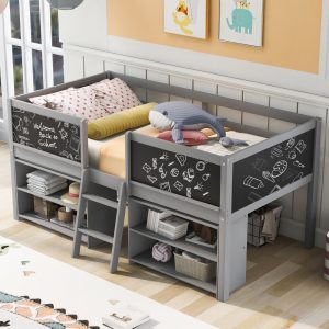 Twin Size Low Loft Bed With Movable Shelves, Ladder & Guardrail Chalkboard, Gray